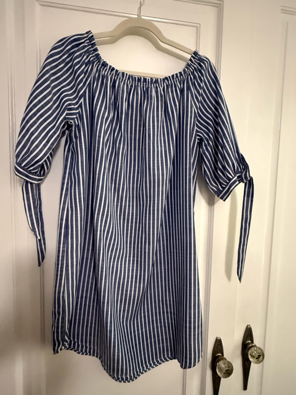 Striped Off-Shoulder Tie-Sleeve Dress in Blue and White